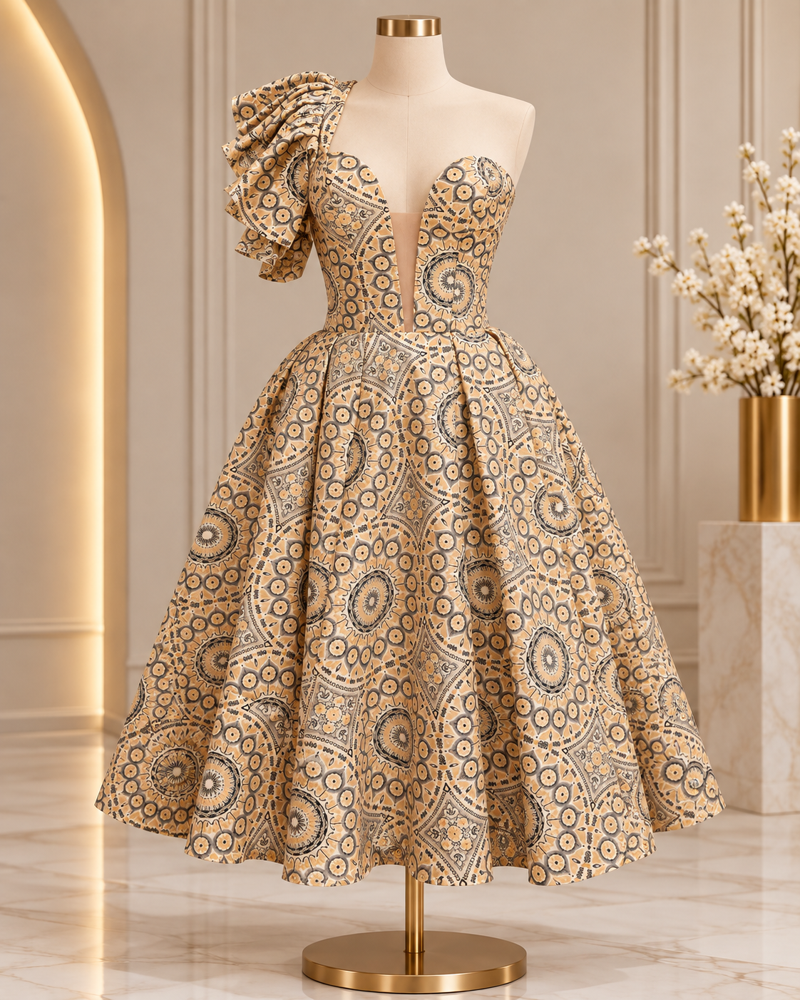 Champagne Print Occasion Dress