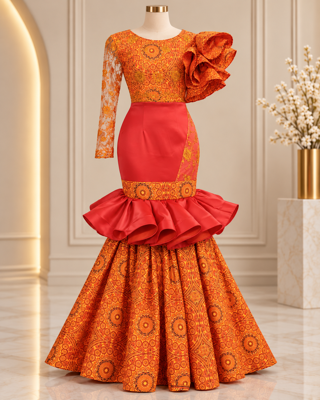 Orange Traditional Ruffle Gown